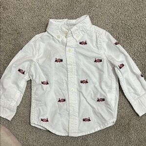 Baby White Button-Up Shirt with Red Train Print